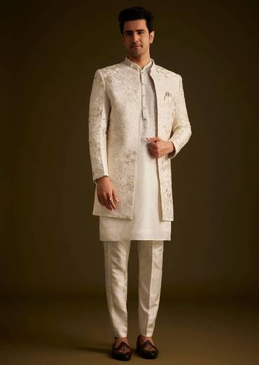 Ivory Silk Sherwani With Intricate Floral Embroidery