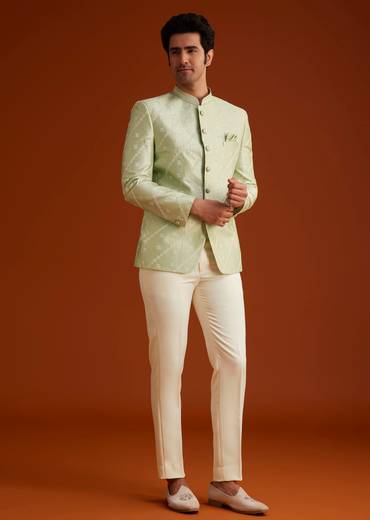 Pista Green Textured Jodhpuri Suit