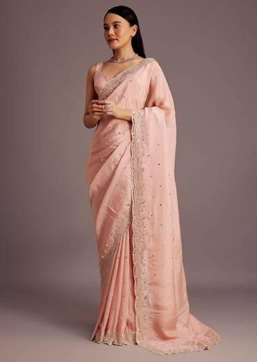 Peach Tissue Saree With Mirror Embroidered Border