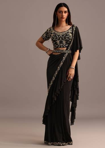 Black Ready Pleated Frills Saree With Embroided Blouse And Belt