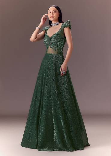 Grey Sequin Flared Gown With 3D Hand Work