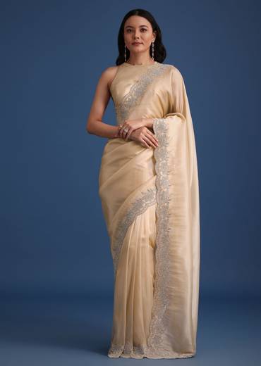 Peach Tissue Saree With Diamonds Embroidered Border