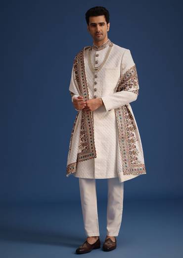 Off White Silk Embroidered Sherwani Set With Dupatta