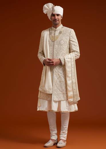 Ivory Sherwani Set With Zardosi And Butti Work