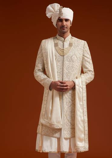 Ivory Sherwani Set With Zardosi And Butti Work
