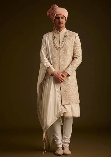 Beige Gotta Work Embroidered Sherwani And Matching Dupatta