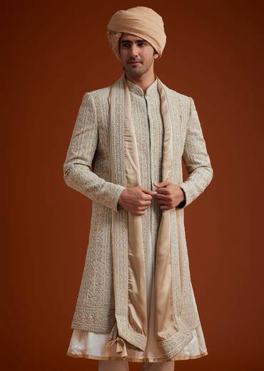 Faun Sherwani Set With Dori And Thread Embroidery