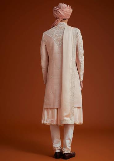 Peach Sherwani With Bead And Thread Embroidery