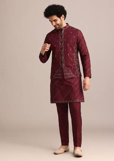 Maroon Silk Jacket Kurta Set With Embroidered Work