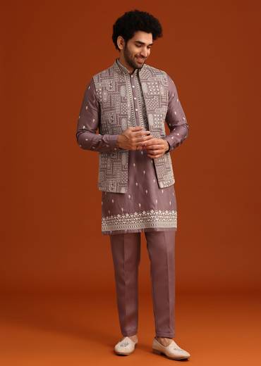 Purple Linen Satin Embroidered Jacket Kurta Set