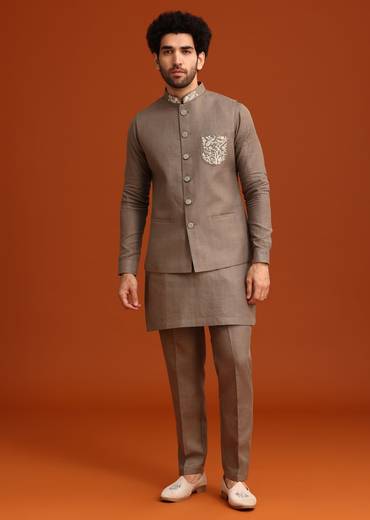 Grey Zardozi Work Linen Jacket Kurta Set