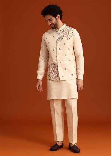 Off White Floral Hand Embroidered Kurta Jacket Set