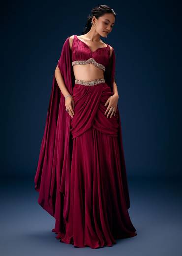 Magenta Fish Cut Draped Skirt With Hand Embroidered Blouse And Choker Dupatta