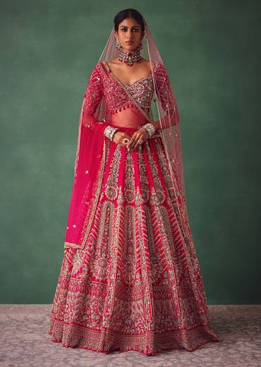 Raw Silk Red Bridal Lehenga With Embroidered Blouse And Scallop Dupatta