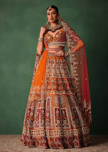 Rust Red Hand Work Bridal Lehenga With Deep Neckline Blouse And Dupatta