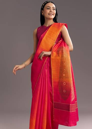 Orange Red Shaded Kora Silk Handloom Saree With Woven Motif