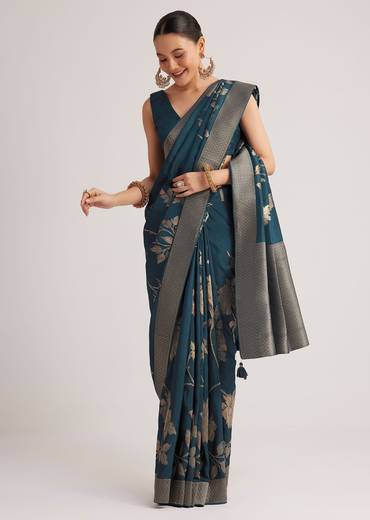 Peacock Blue Dola Silk Saree With Floral Motif