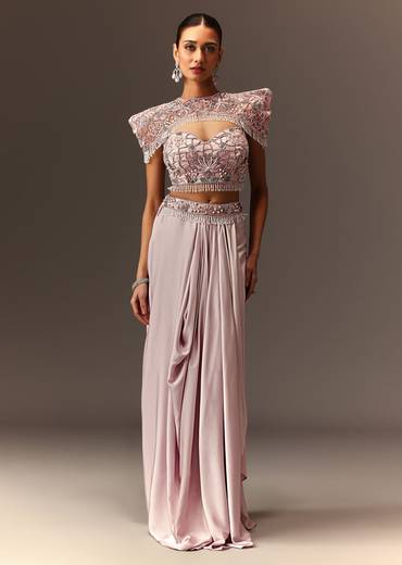 Lavender Hand Embroidered Blouse And Croped Cape With Drape Skirt