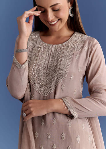 Light Beige Chinon Kurta Set With Cutdana And Sequins Dupatta