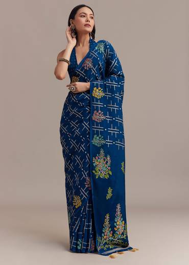 Navy Blue Saree With Leaf Motif Woven Design