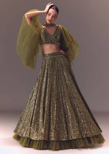Green Sequin Frill Blouse With Lehenga And Choker Dupatta
