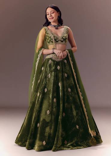 Seaweed Green Velvet Lehenga Set With Hand Work