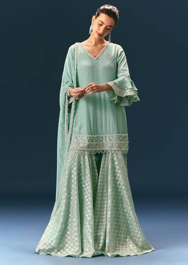 Light Blue Frill Sharara Suit With Tassel Dupatta