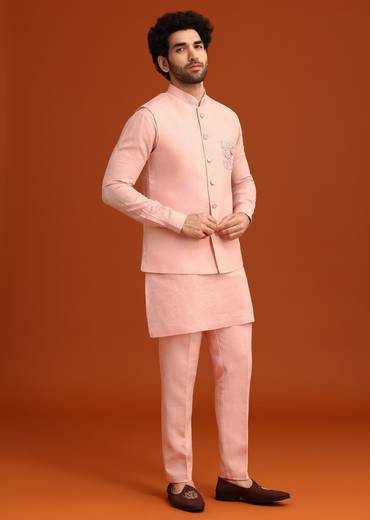 Pink Linen Zardosi Kurta Jacket Set