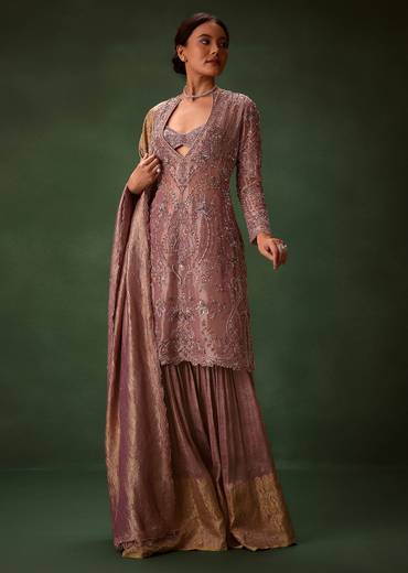 Lilac Platinum Tissue Kurti Set With Hand Embroidered Gharara Pants And Dupatta