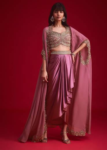 Mulberry Pink Embroidered Croptop And Draped Skirt With Organza Jacket