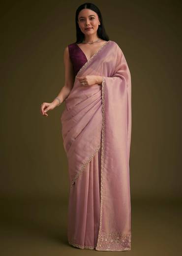 Purple Tissue Sequins Saree With Contrast Blouse