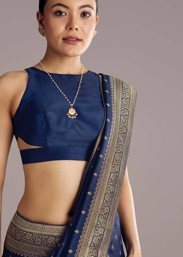 Navy Blue Dola Silk Saree With Butti Work And Zari Woven Border