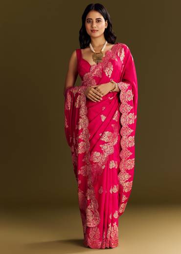 Pink Dola Silk Saree With Zari Border And All Over Booti
