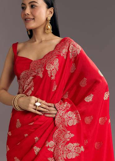 Red Dola Silk Woven Motif Saree With Scallop Border