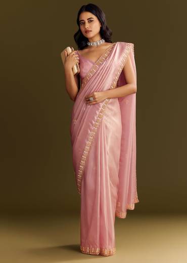Purple Glass Tissue Saree With Cutdana And Beads Scallop Border