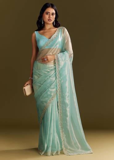 Sea Blue Glass Tissue Saree With Cutdana And Beads Scallop Border