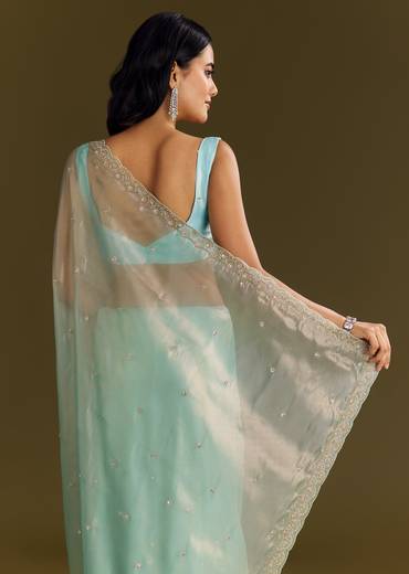 Sea Blue Glass Tissue Saree With Cutdana And Beads Scallop Border