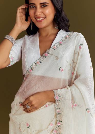 White Crush Tissue Saree With Cutdana And Beads Scallop Border