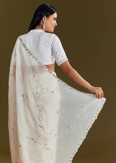 White Crush Tissue Saree With Cutdana And Beads Scallop Border