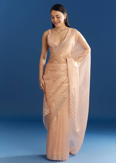 Peach Organza Tissue Saree With Cutdana Embellished Border