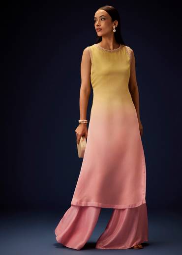 Yellow Ombre A Line Kurta With Bell Bottom Pants