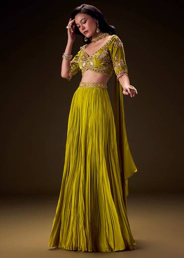 Sunshine Green Pleated Skirt With Hand Embroidered Belt And Choker Blouse