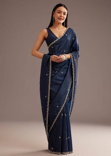 Blue Tissue Saree With Cutdana Scallop Border
