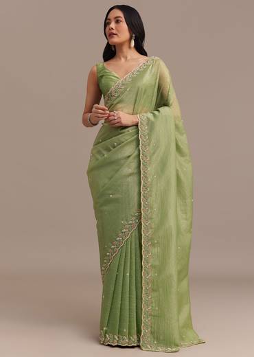 Parrot Green Crushed Tissue Saree With Sequins And Scallop Border