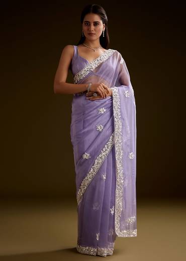 Violet Tissue Saree With Floral Embroidery And Scallop Border
