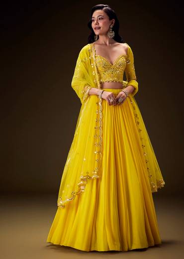 Radiant Yellow Georgette Lehenga With Mirror Work Blouse And Dupatta