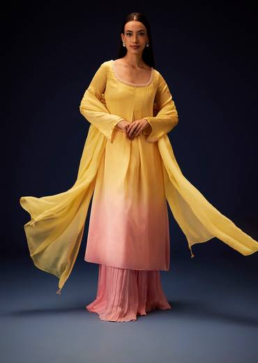 Yellow Orgnaza Kurta Palazzo Suit With Ruched Palazzo