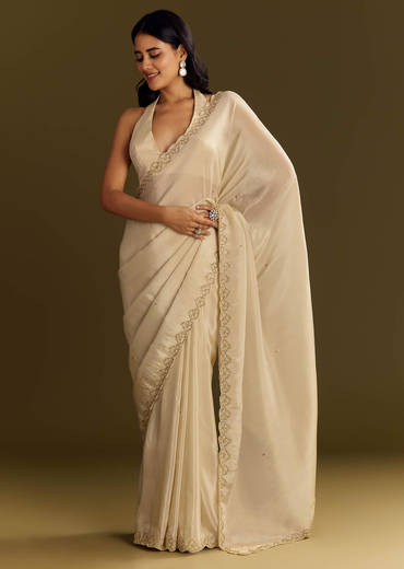 Beige Tissue Saree With Cutdana And Beads Scallop Border