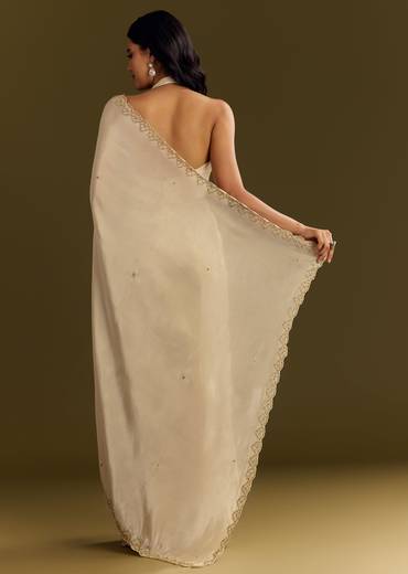 White Tissue Saree With Cutdana And Beads Scallop Border