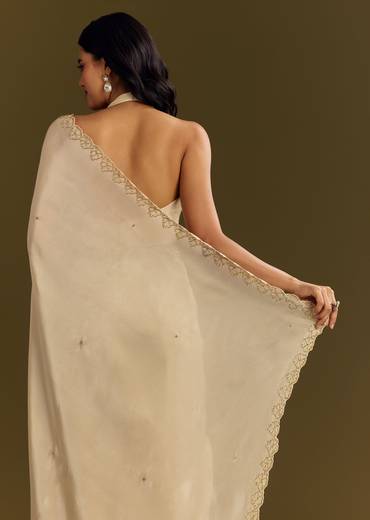 White Tissue Saree With Cutdana And Beads Scallop Border